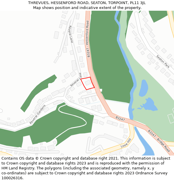 THREVUES, HESSENFORD ROAD, SEATON, TORPOINT, PL11 3JL: Location map and indicative extent of plot