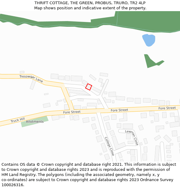 THRIFT COTTAGE, THE GREEN, PROBUS, TRURO, TR2 4LP: Location map and indicative extent of plot
