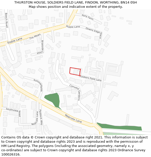 THURSTON HOUSE, SOLDIERS FIELD LANE, FINDON, WORTHING, BN14 0SH: Location map and indicative extent of plot