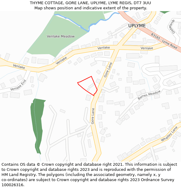 THYME COTTAGE, GORE LANE, UPLYME, LYME REGIS, DT7 3UU: Location map and indicative extent of plot