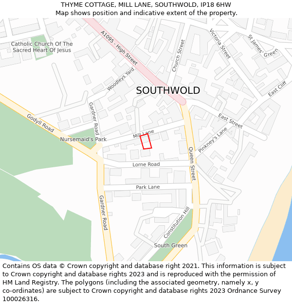 THYME COTTAGE, MILL LANE, SOUTHWOLD, IP18 6HW: Location map and indicative extent of plot