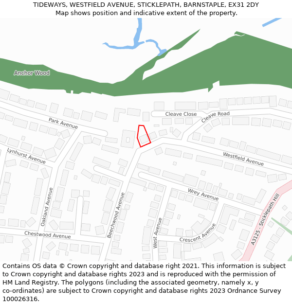 TIDEWAYS, WESTFIELD AVENUE, STICKLEPATH, BARNSTAPLE, EX31 2DY: Location map and indicative extent of plot