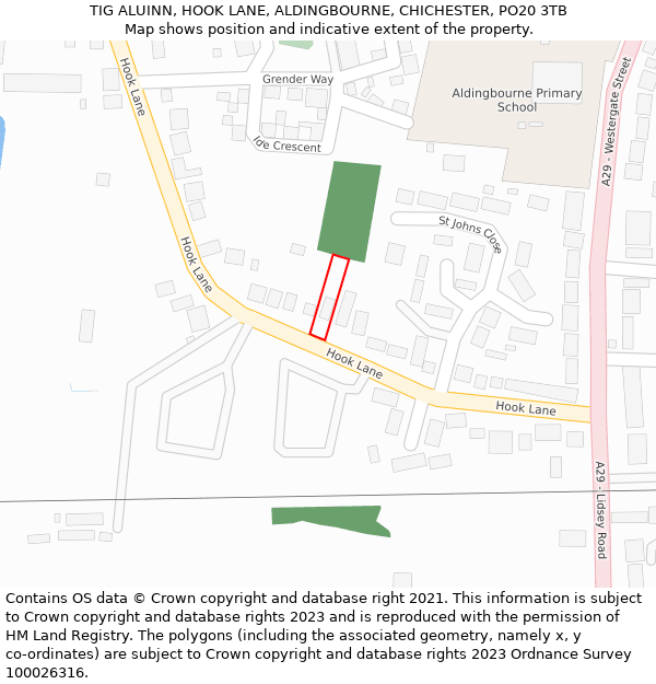 TIG ALUINN, HOOK LANE, ALDINGBOURNE, CHICHESTER, PO20 3TB: Location map and indicative extent of plot