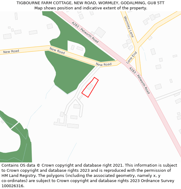 TIGBOURNE FARM COTTAGE, NEW ROAD, WORMLEY, GODALMING, GU8 5TT: Location map and indicative extent of plot