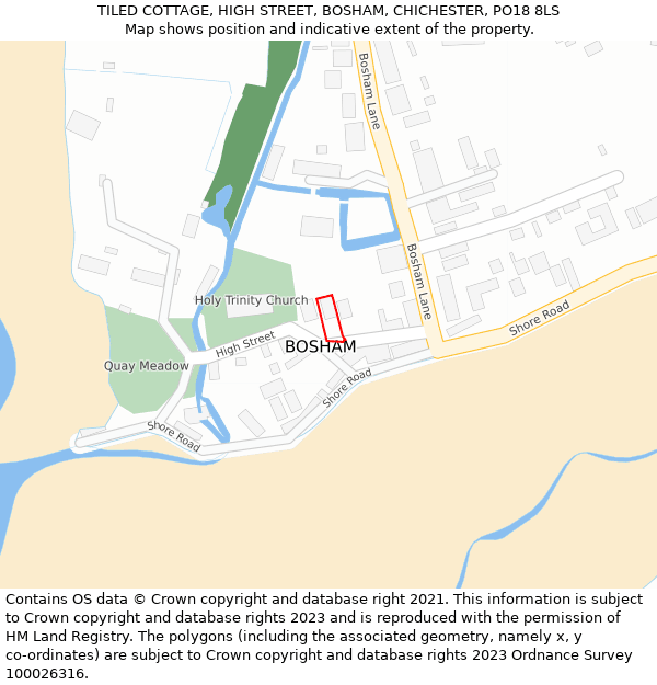 TILED COTTAGE, HIGH STREET, BOSHAM, CHICHESTER, PO18 8LS: Location map and indicative extent of plot