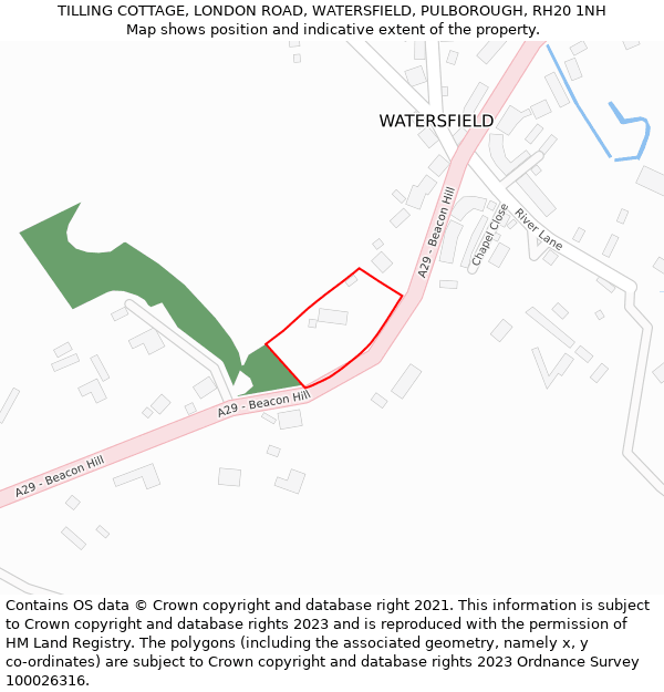 TILLING COTTAGE, LONDON ROAD, WATERSFIELD, PULBOROUGH, RH20 1NH: Location map and indicative extent of plot