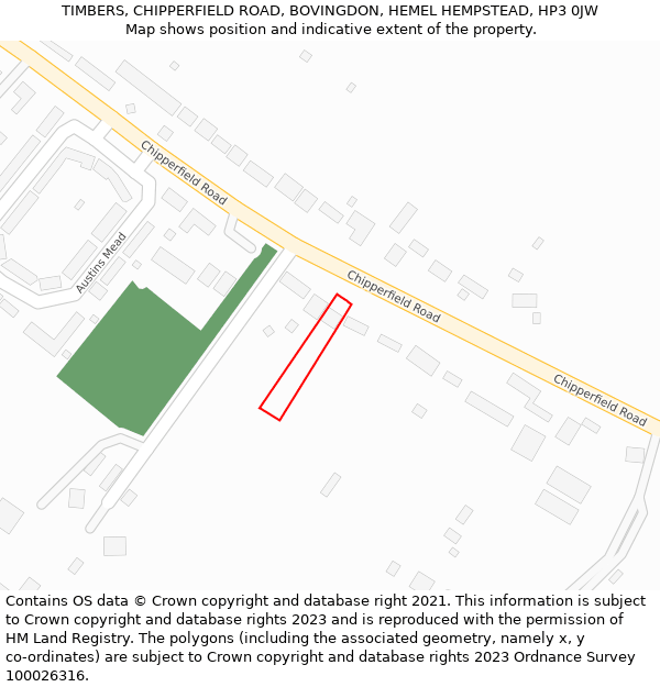 TIMBERS, CHIPPERFIELD ROAD, BOVINGDON, HEMEL HEMPSTEAD, HP3 0JW: Location map and indicative extent of plot