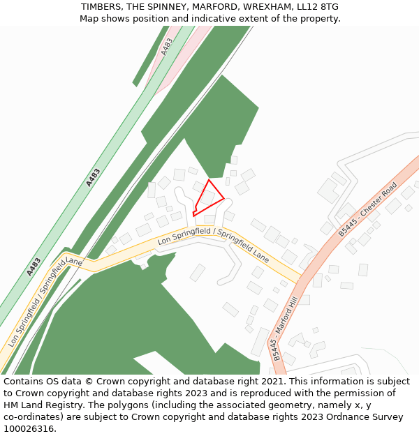 TIMBERS, THE SPINNEY, MARFORD, WREXHAM, LL12 8TG: Location map and indicative extent of plot