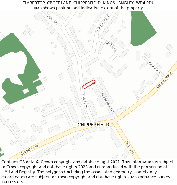 TIMBERTOP, CROFT LANE, CHIPPERFIELD, KINGS LANGLEY, WD4 9DU: Location map and indicative extent of plot