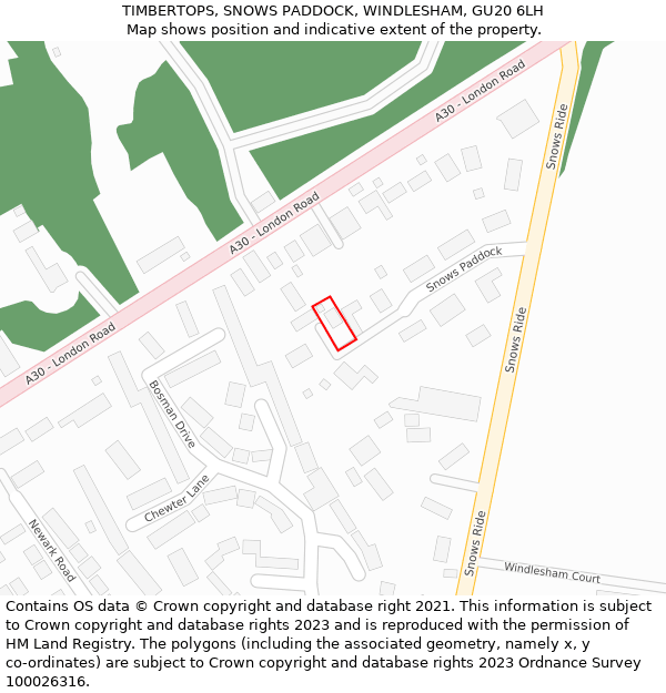 TIMBERTOPS, SNOWS PADDOCK, WINDLESHAM, GU20 6LH: Location map and indicative extent of plot