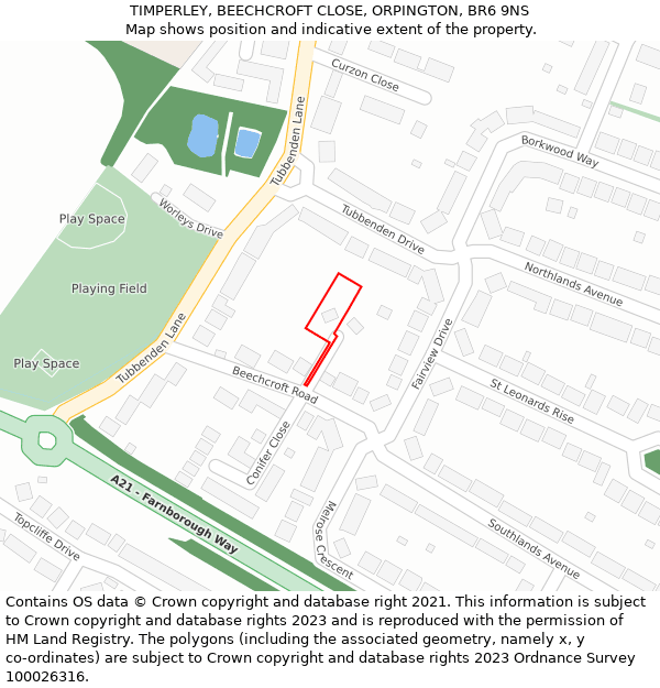 TIMPERLEY, BEECHCROFT CLOSE, ORPINGTON, BR6 9NS: Location map and indicative extent of plot