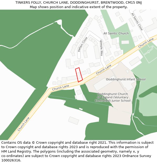 TINKERS FOLLY, CHURCH LANE, DODDINGHURST, BRENTWOOD, CM15 0NJ: Location map and indicative extent of plot