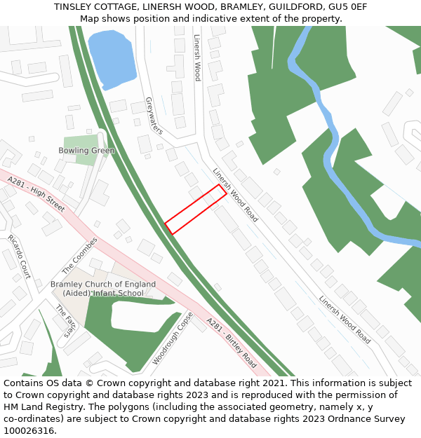 TINSLEY COTTAGE, LINERSH WOOD, BRAMLEY, GUILDFORD, GU5 0EF: Location map and indicative extent of plot