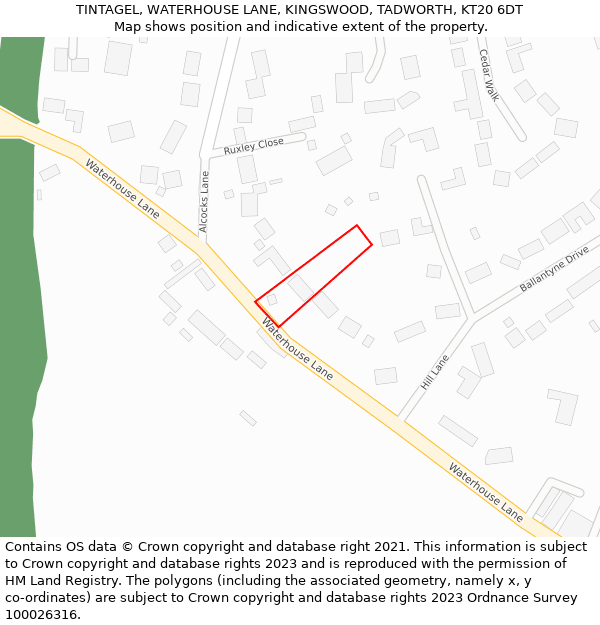 TINTAGEL, WATERHOUSE LANE, KINGSWOOD, TADWORTH, KT20 6DT: Location map and indicative extent of plot