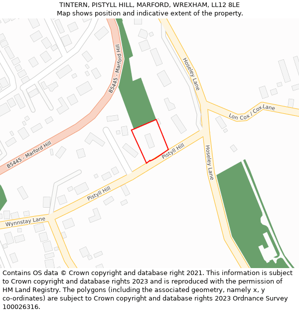 TINTERN, PISTYLL HILL, MARFORD, WREXHAM, LL12 8LE: Location map and indicative extent of plot