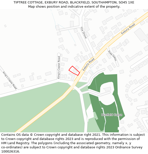 TIPTREE COTTAGE, EXBURY ROAD, BLACKFIELD, SOUTHAMPTON, SO45 1XE: Location map and indicative extent of plot