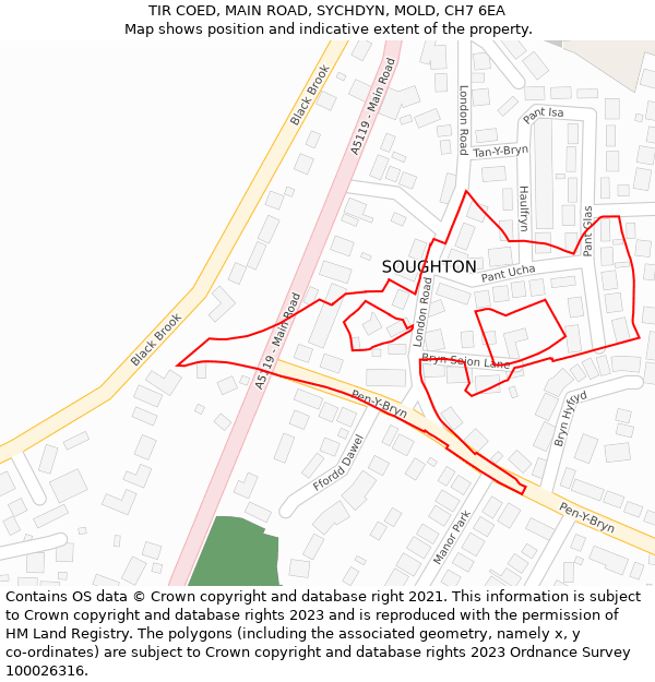 TIR COED, MAIN ROAD, SYCHDYN, MOLD, CH7 6EA: Location map and indicative extent of plot