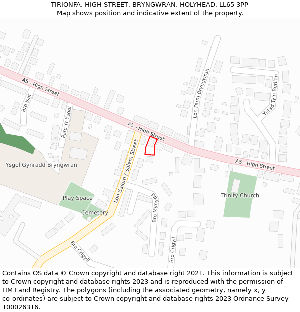 TIRIONFA, HIGH STREET, BRYNGWRAN, HOLYHEAD, LL65 3PP: Location map and indicative extent of plot