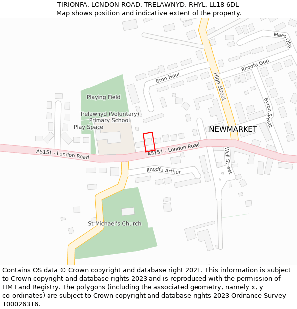 TIRIONFA, LONDON ROAD, TRELAWNYD, RHYL, LL18 6DL: Location map and indicative extent of plot