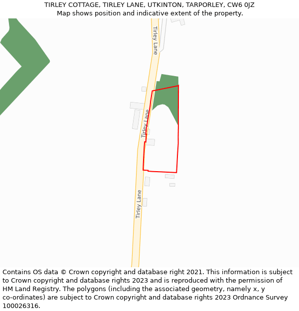 TIRLEY COTTAGE, TIRLEY LANE, UTKINTON, TARPORLEY, CW6 0JZ: Location map and indicative extent of plot