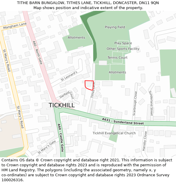 TITHE BARN BUNGALOW, TITHES LANE, TICKHILL, DONCASTER, DN11 9QN: Location map and indicative extent of plot