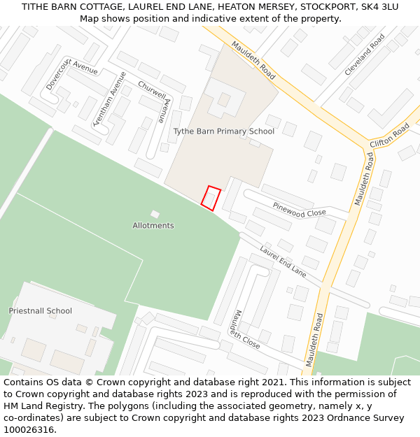 TITHE BARN COTTAGE, LAUREL END LANE, HEATON MERSEY, STOCKPORT, SK4 3LU: Location map and indicative extent of plot
