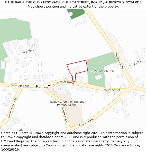 TITHE BARN, THE OLD PARSONAGE, CHURCH STREET, ROPLEY, ALRESFORD, SO24 0DS: Location map and indicative extent of plot