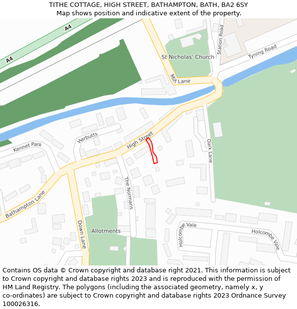TITHE COTTAGE, HIGH STREET, BATHAMPTON, BATH, BA2 6SY: Location map and indicative extent of plot