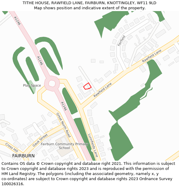 TITHE HOUSE, RAWFIELD LANE, FAIRBURN, KNOTTINGLEY, WF11 9LD: Location map and indicative extent of plot