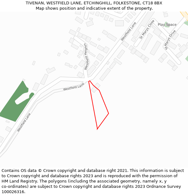 TIVENAN, WESTFIELD LANE, ETCHINGHILL, FOLKESTONE, CT18 8BX: Location map and indicative extent of plot