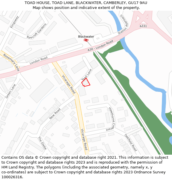 TOAD HOUSE, TOAD LANE, BLACKWATER, CAMBERLEY, GU17 9AU: Location map and indicative extent of plot