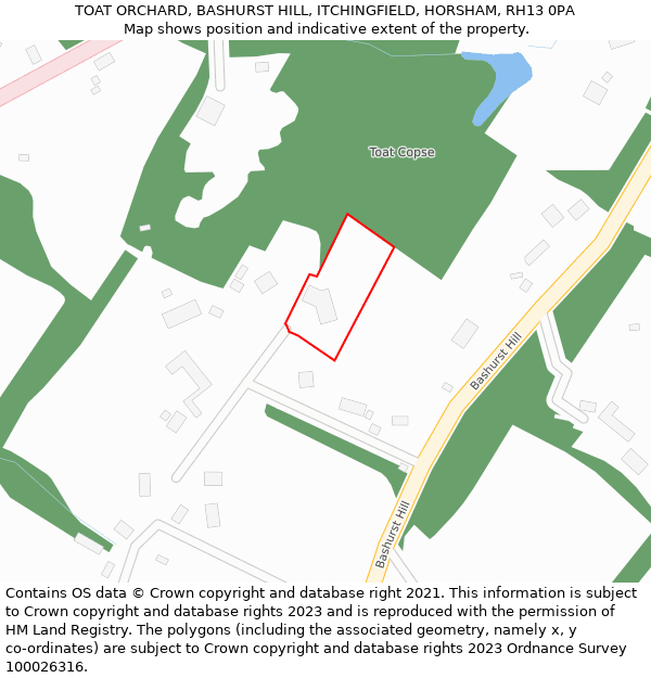 TOAT ORCHARD, BASHURST HILL, ITCHINGFIELD, HORSHAM, RH13 0PA: Location map and indicative extent of plot