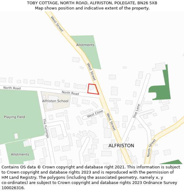 TOBY COTTAGE, NORTH ROAD, ALFRISTON, POLEGATE, BN26 5XB: Location map and indicative extent of plot
