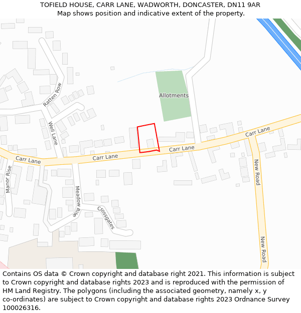 TOFIELD HOUSE, CARR LANE, WADWORTH, DONCASTER, DN11 9AR: Location map and indicative extent of plot