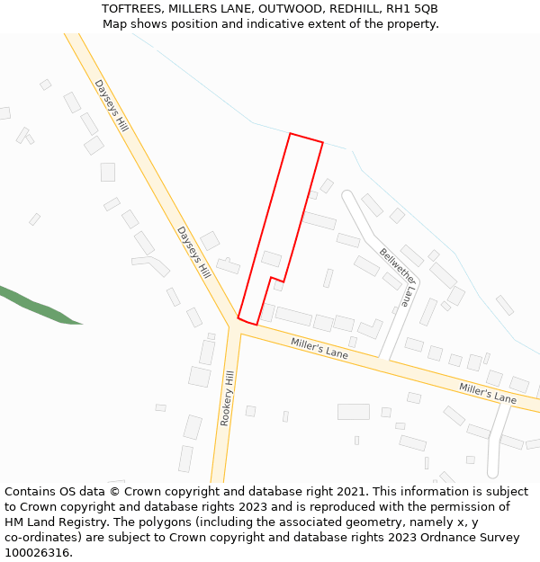 TOFTREES, MILLERS LANE, OUTWOOD, REDHILL, RH1 5QB: Location map and indicative extent of plot