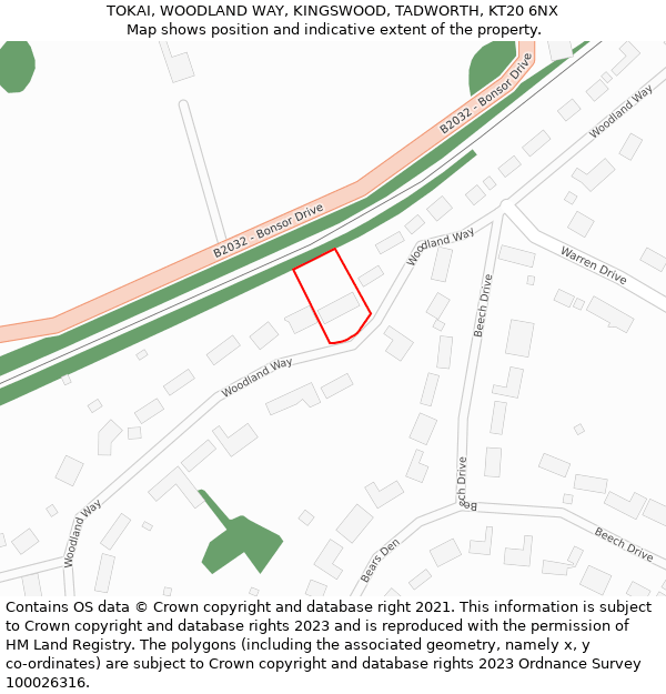 TOKAI, WOODLAND WAY, KINGSWOOD, TADWORTH, KT20 6NX: Location map and indicative extent of plot