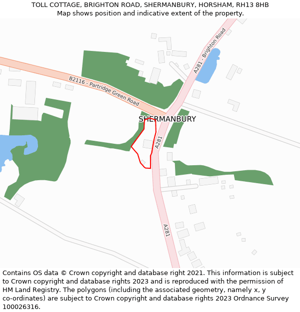 TOLL COTTAGE, BRIGHTON ROAD, SHERMANBURY, HORSHAM, RH13 8HB: Location map and indicative extent of plot