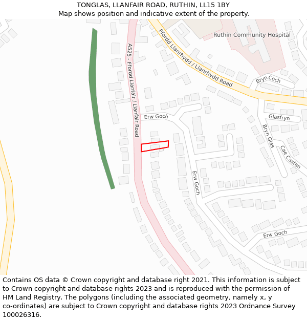 TONGLAS, LLANFAIR ROAD, RUTHIN, LL15 1BY: Location map and indicative extent of plot