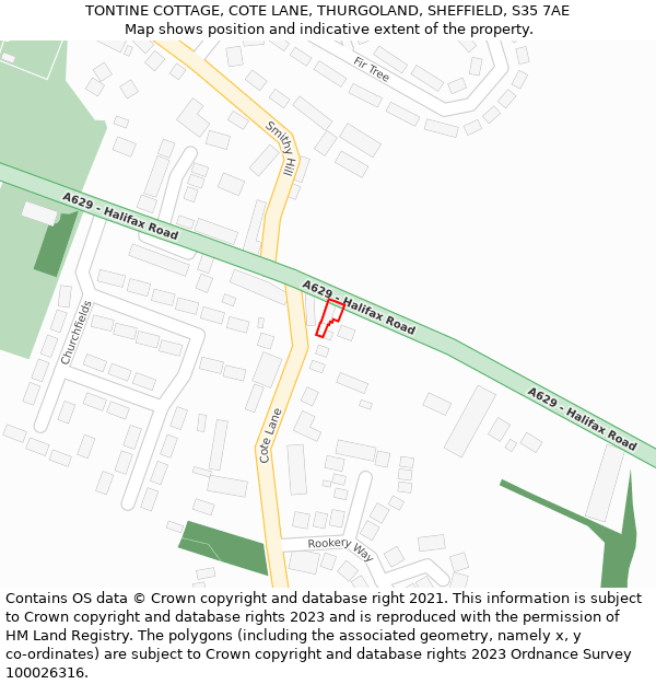TONTINE COTTAGE, COTE LANE, THURGOLAND, SHEFFIELD, S35 7AE: Location map and indicative extent of plot