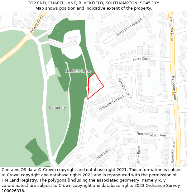 TOP END, CHAPEL LANE, BLACKFIELD, SOUTHAMPTON, SO45 1YY: Location map and indicative extent of plot