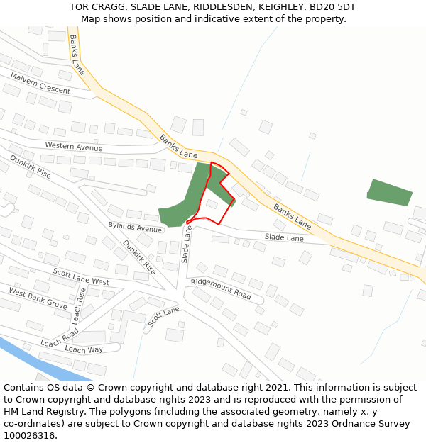 TOR CRAGG, SLADE LANE, RIDDLESDEN, KEIGHLEY, BD20 5DT: Location map and indicative extent of plot