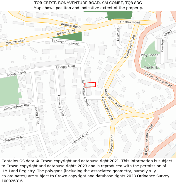TOR CREST, BONAVENTURE ROAD, SALCOMBE, TQ8 8BG: Location map and indicative extent of plot