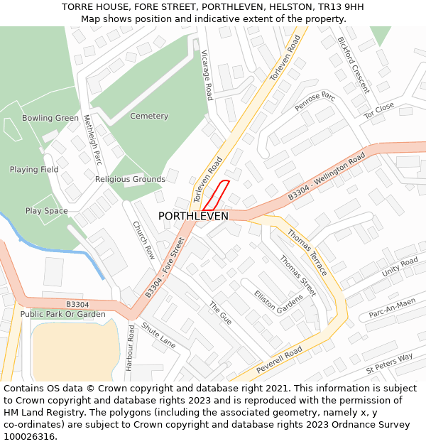 TORRE HOUSE, FORE STREET, PORTHLEVEN, HELSTON, TR13 9HH: Location map and indicative extent of plot