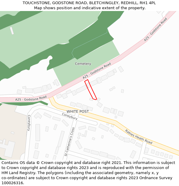 TOUCHSTONE, GODSTONE ROAD, BLETCHINGLEY, REDHILL, RH1 4PL: Location map and indicative extent of plot