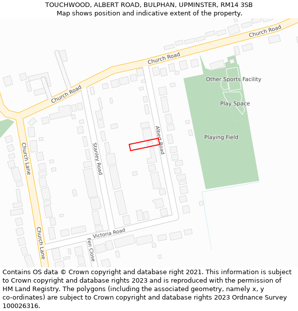 TOUCHWOOD, ALBERT ROAD, BULPHAN, UPMINSTER, RM14 3SB: Location map and indicative extent of plot