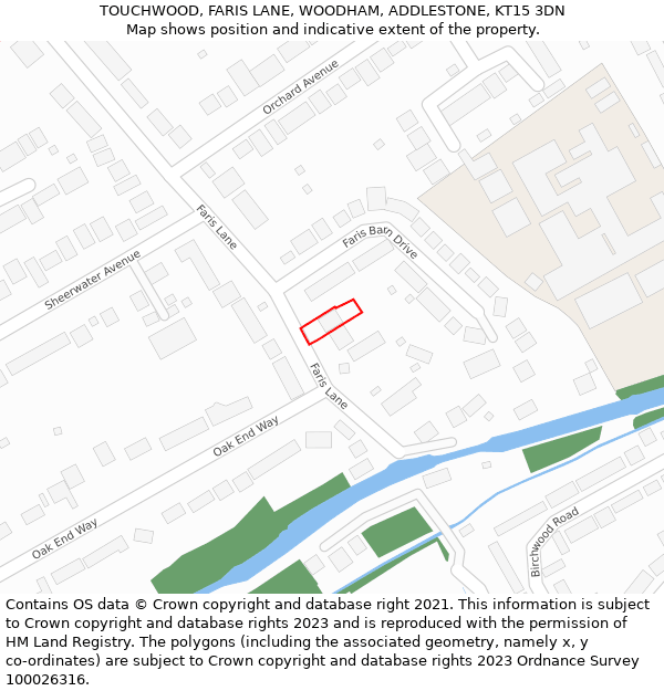 TOUCHWOOD, FARIS LANE, WOODHAM, ADDLESTONE, KT15 3DN: Location map and indicative extent of plot