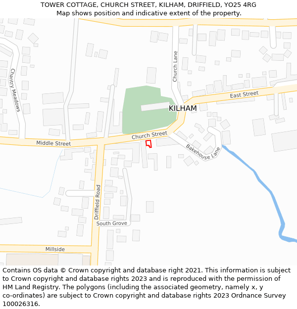 TOWER COTTAGE, CHURCH STREET, KILHAM, DRIFFIELD, YO25 4RG: Location map and indicative extent of plot