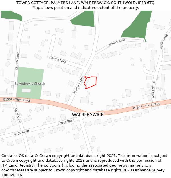 TOWER COTTAGE, PALMERS LANE, WALBERSWICK, SOUTHWOLD, IP18 6TQ: Location map and indicative extent of plot