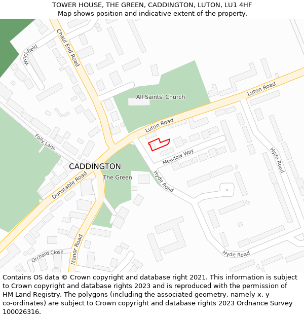 TOWER HOUSE, THE GREEN, CADDINGTON, LUTON, LU1 4HF: Location map and indicative extent of plot