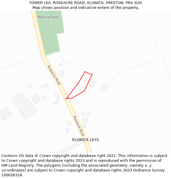 TOWER LEA, ROSEACRE ROAD, ELSWICK, PRESTON, PR4 3UD: Location map and indicative extent of plot